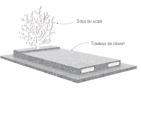 Stèle en acier sur tombe en granit